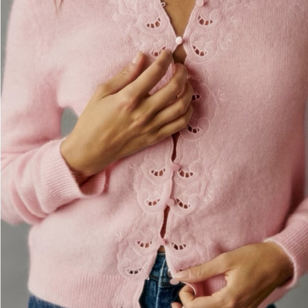 Ysaline Cardigan - Pink Lace-Trimmed Women's Sweater